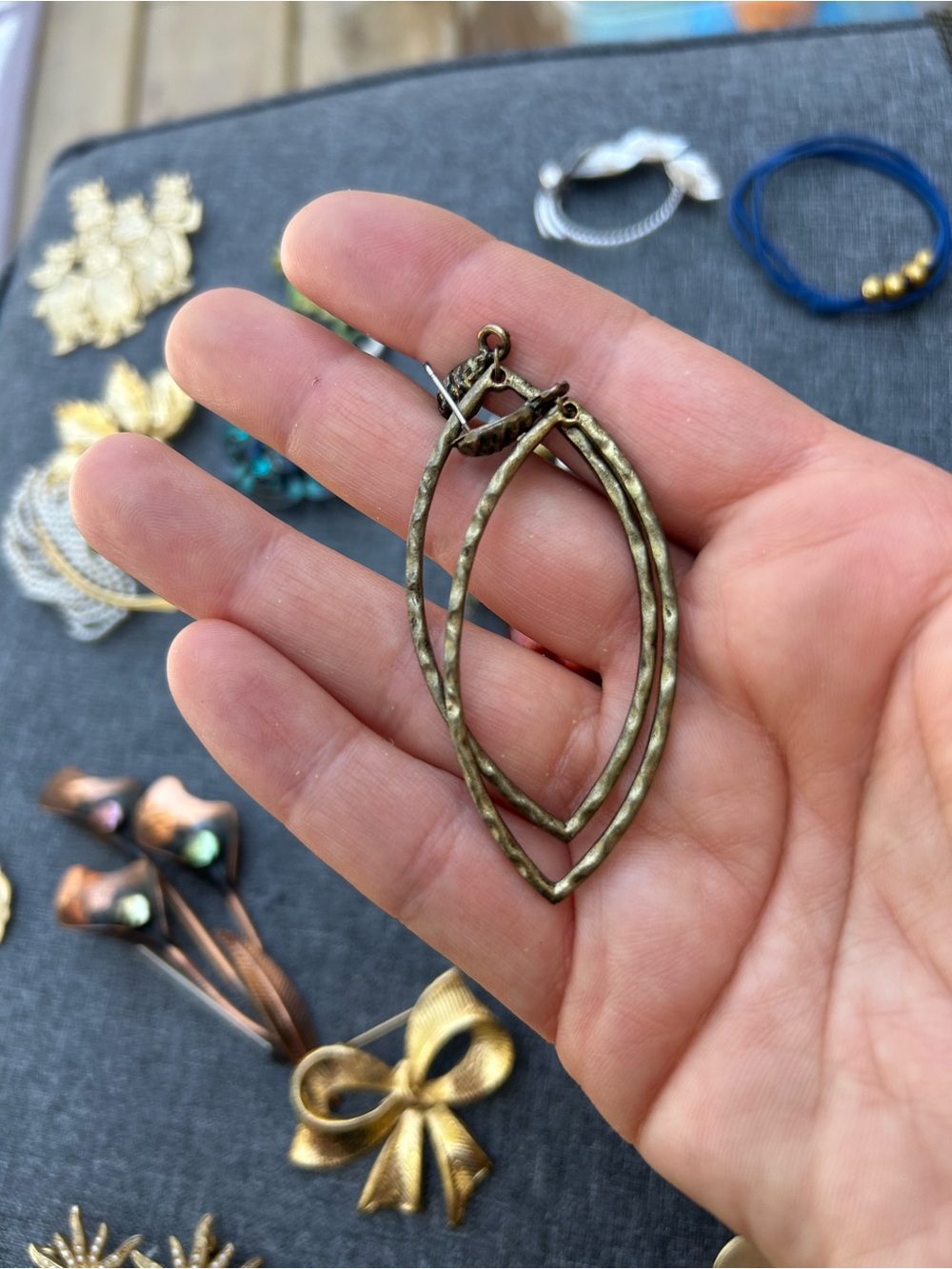 Hammered Double Teardrop Earrings - Brass Tone